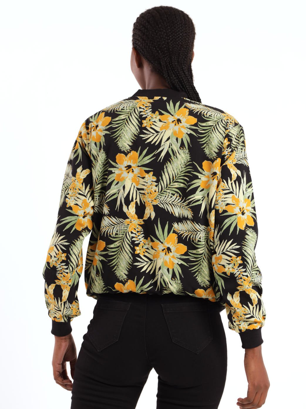 Ladies Long Sleeve Floral Bomber Jacket - Black