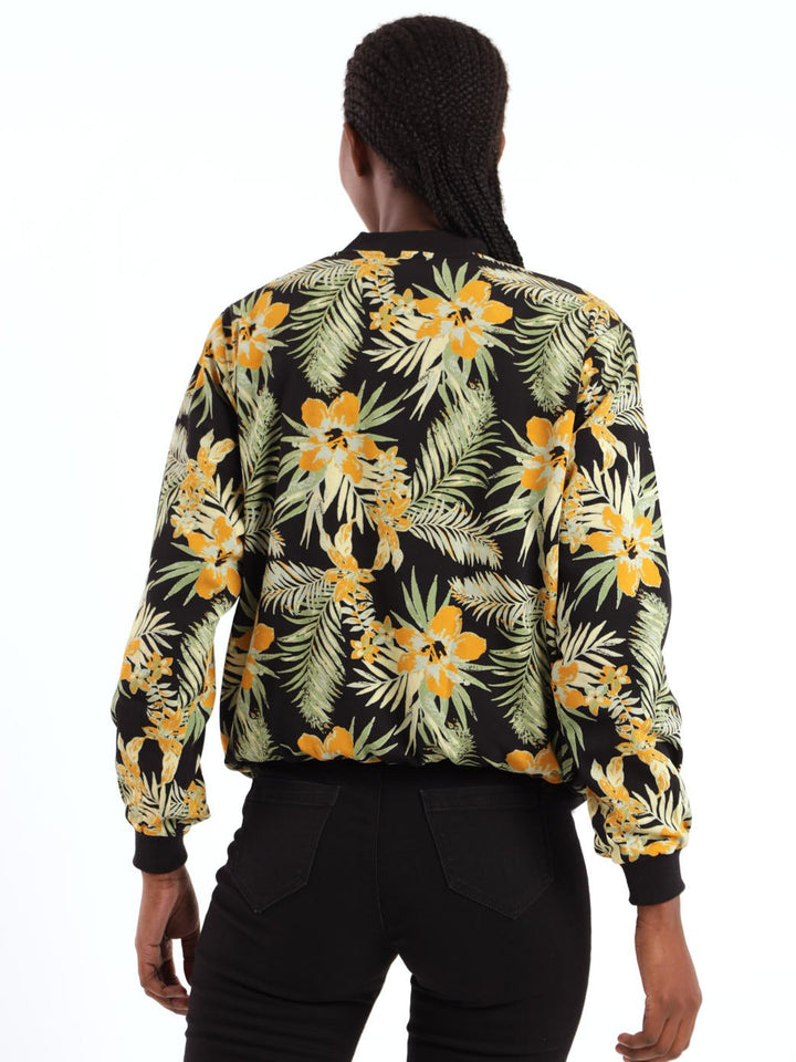 Ladies Long Sleeve Floral Bomber Jacket - Black