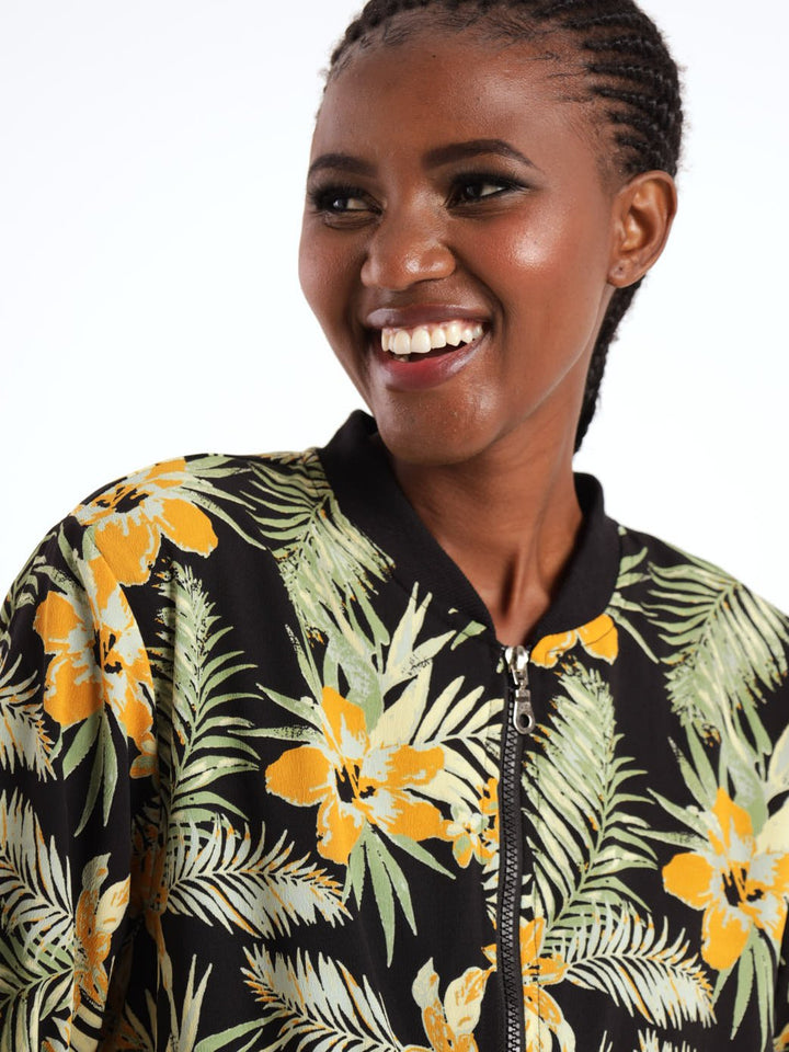 Ladies Long Sleeve Floral Bomber Jacket - Black