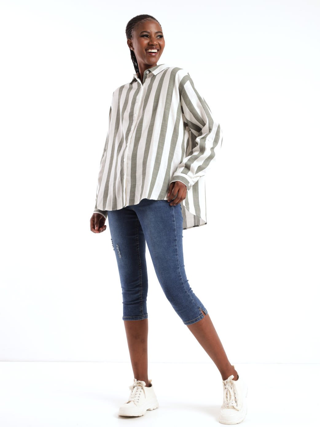Ladies Long Sleeve Striped Button Through Shirt - White/Green