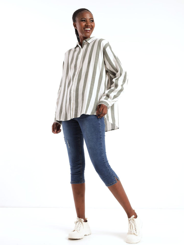 Ladies Long Sleeve Striped Button Through Shirt - White/Green