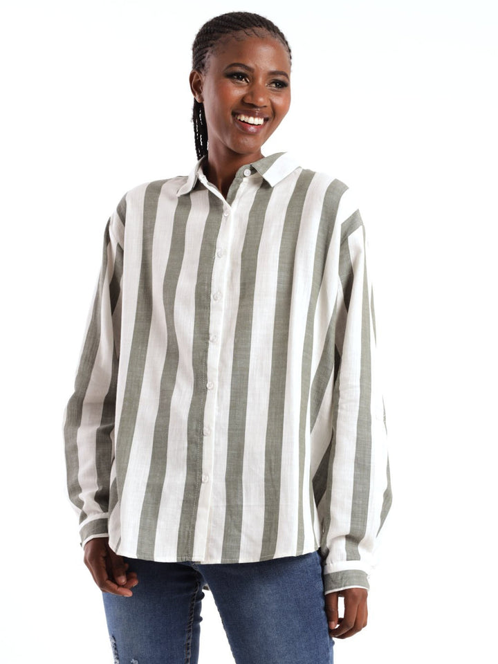 Ladies Long Sleeve Striped Button Through Shirt - White/Green