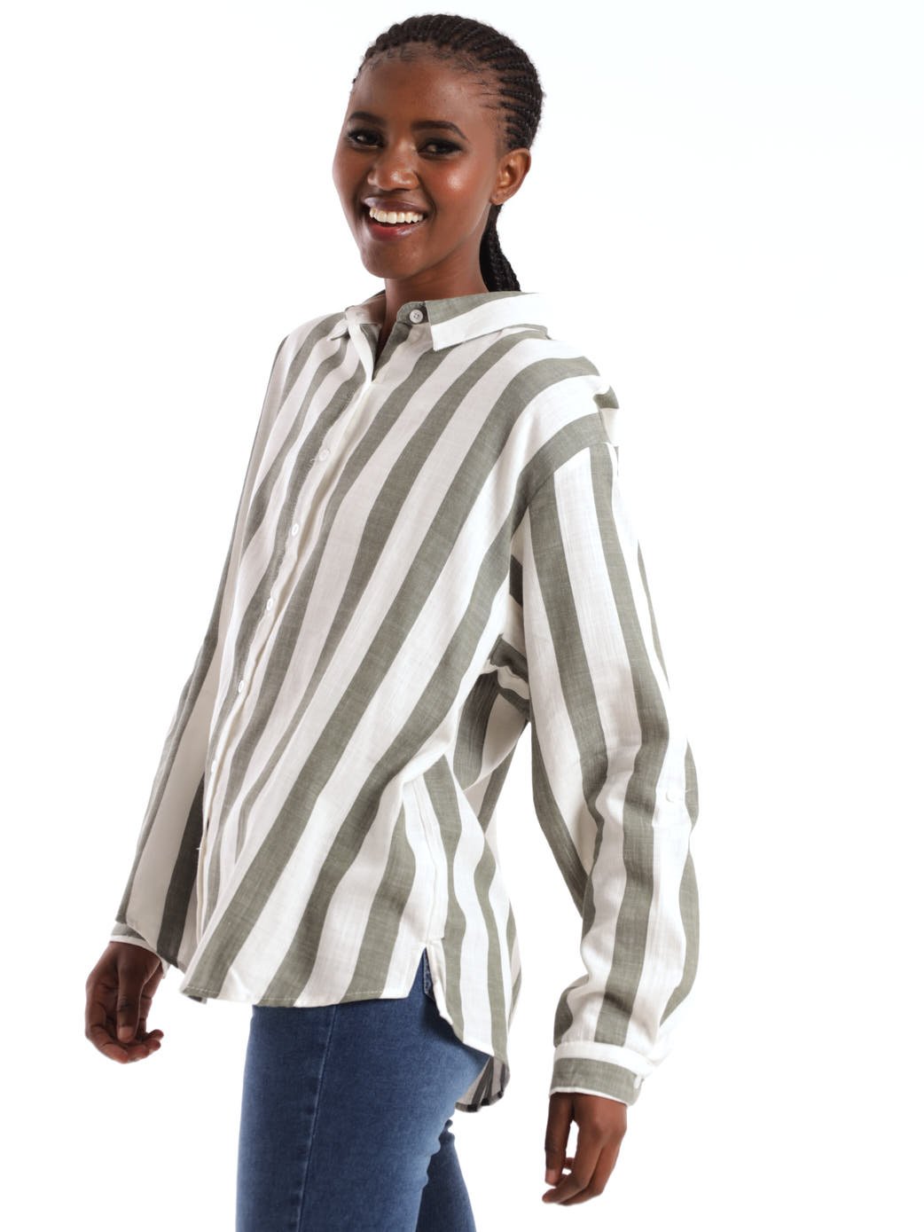 Ladies Long Sleeve Striped Button Through Shirt - White/Green