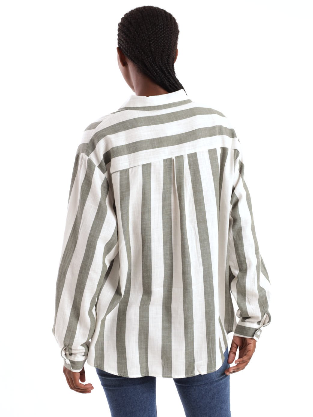 Ladies Long Sleeve Striped Button Through Shirt - White/Green