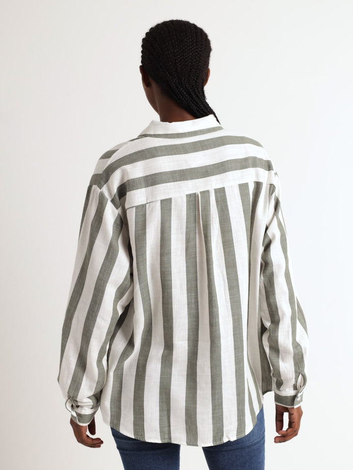 Ladies Long Sleeve Striped Button Through Shirt - White/Green