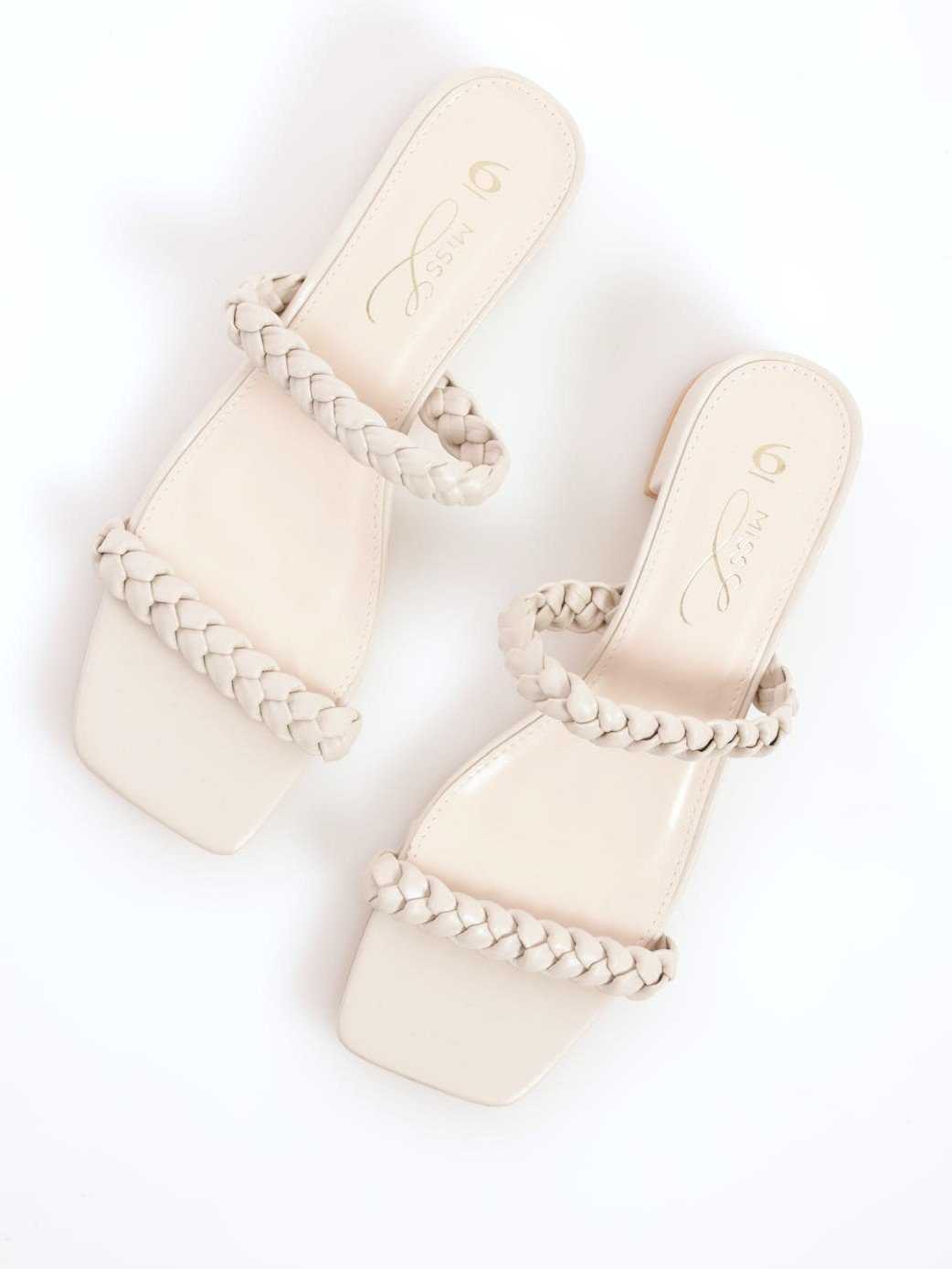 Ladies Plaited Double Strap Mule On Stacked Heel - Bone