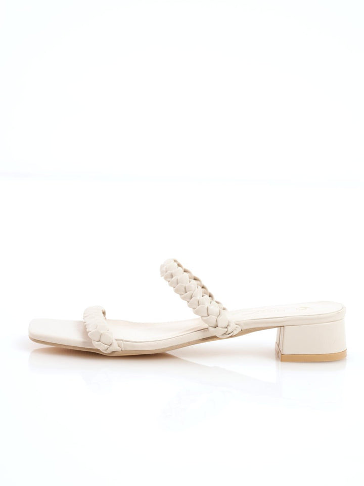 Ladies Plaited Double Strap Mule On Stacked Heel - Bone