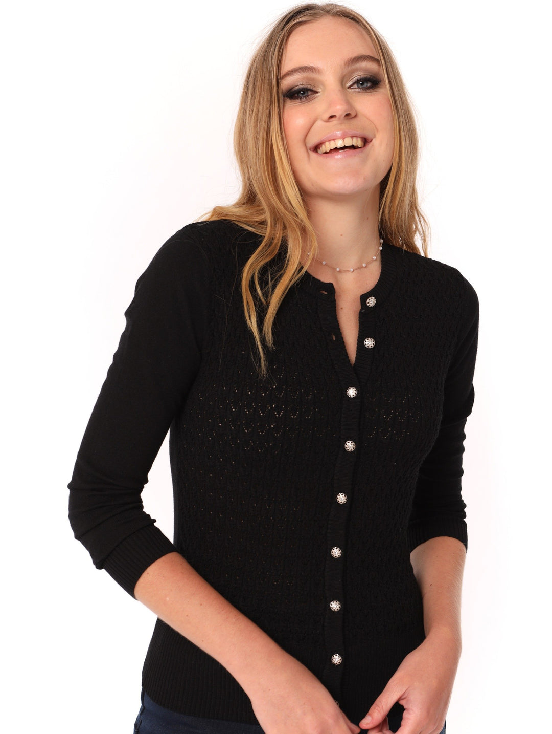 Ladies Fancy Button Through Top - Black