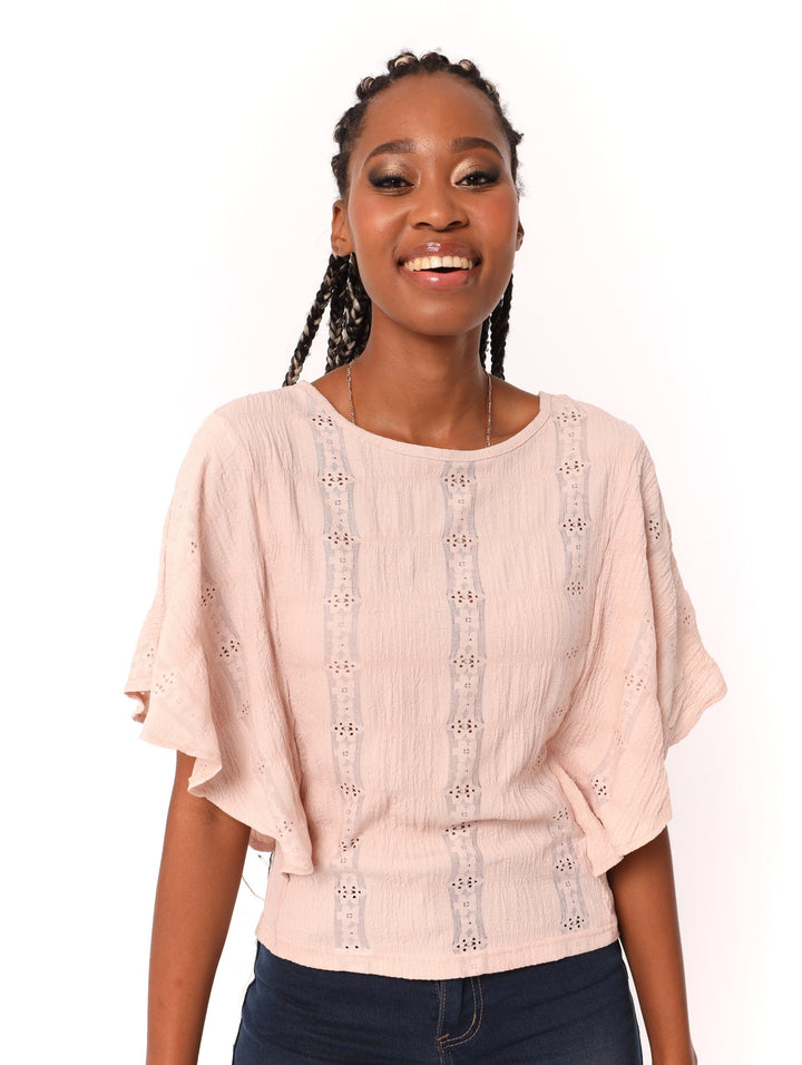 Ladies Batwing Jacquard Lace Top - Pink