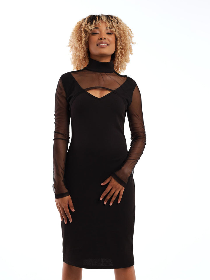 Ladies Mesh Shrug Detail Bodycon Dress - Black