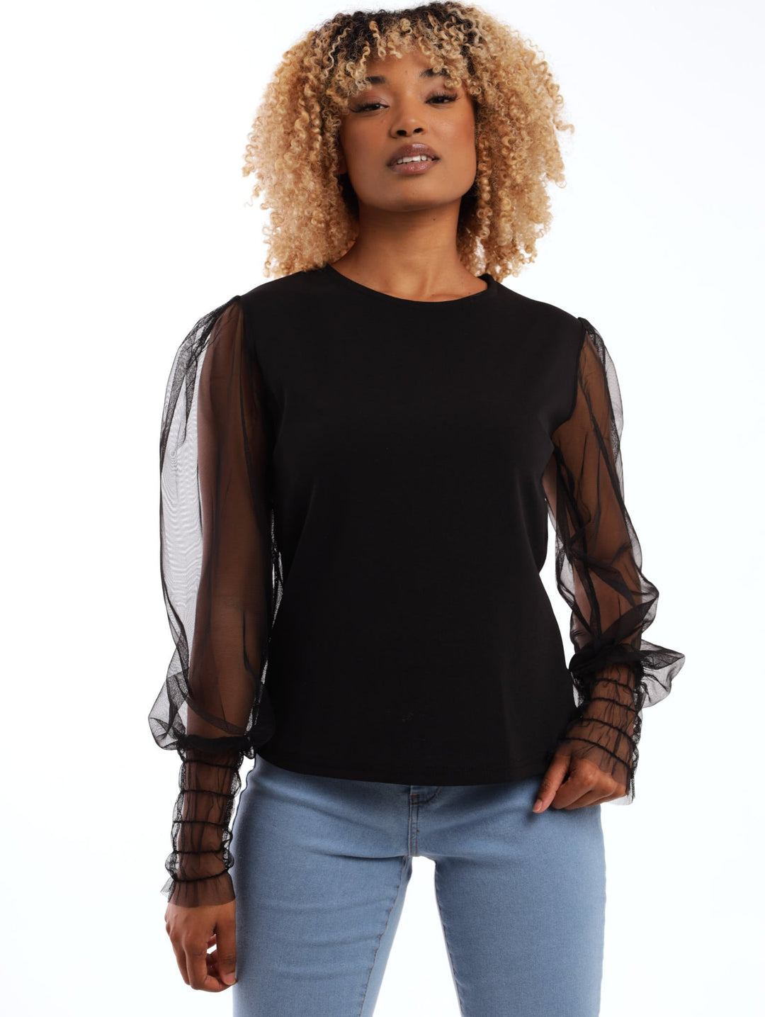 Ladies Long Sleeve Mesh Shirred Detail Top - Black