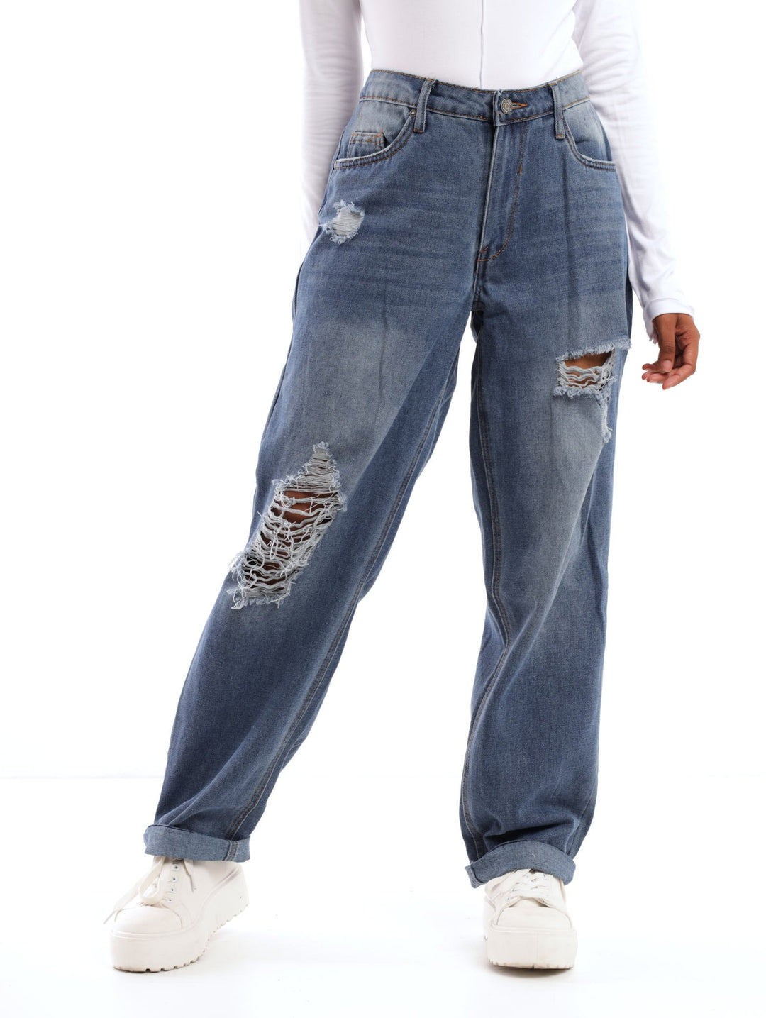 Ladies Stonewash Low-Rise Boyfriend Abraised Ankle Denim Jean