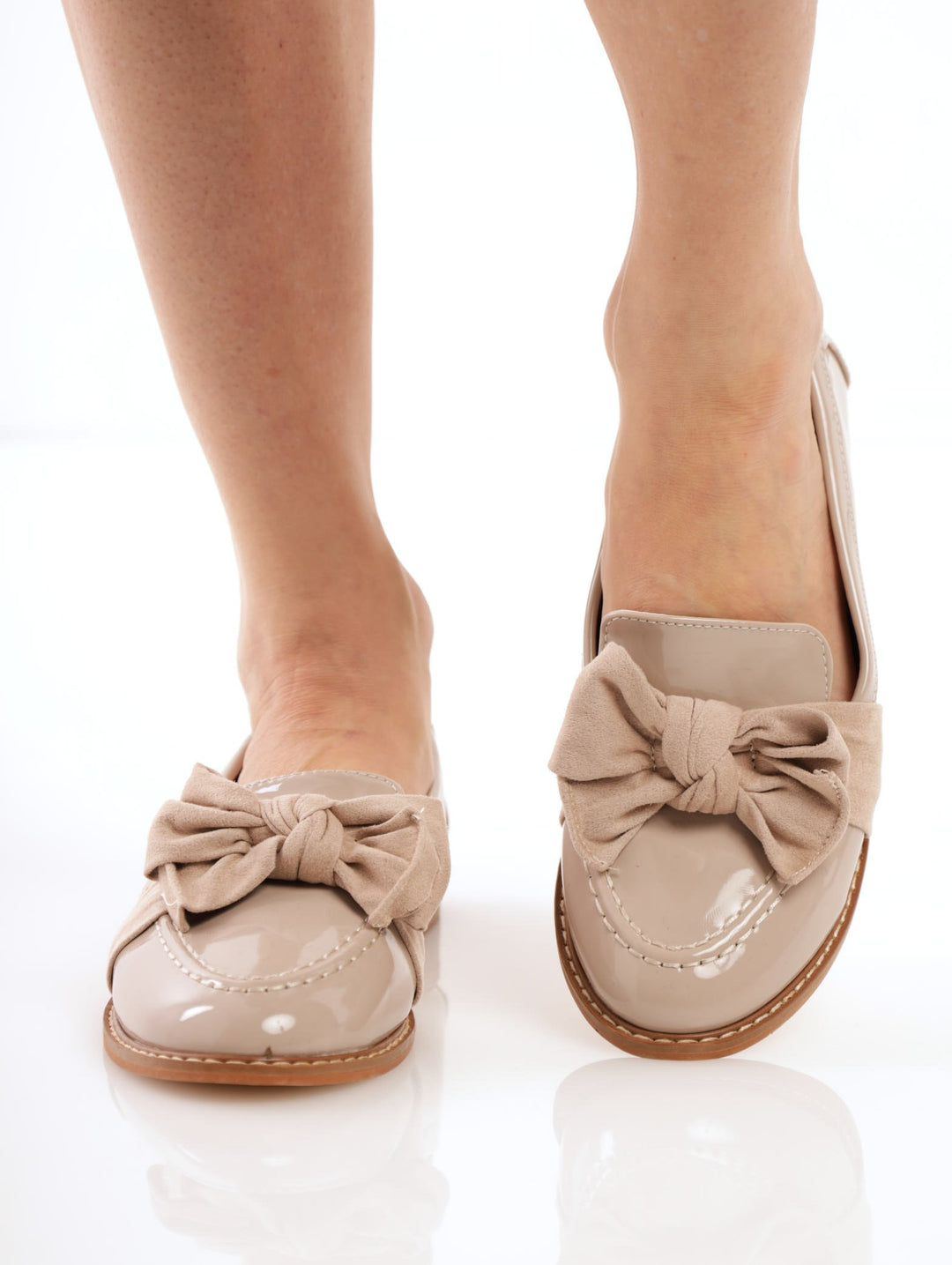 Ladies Loafer With Contrast Fabric Big Bow Overlay - Beige