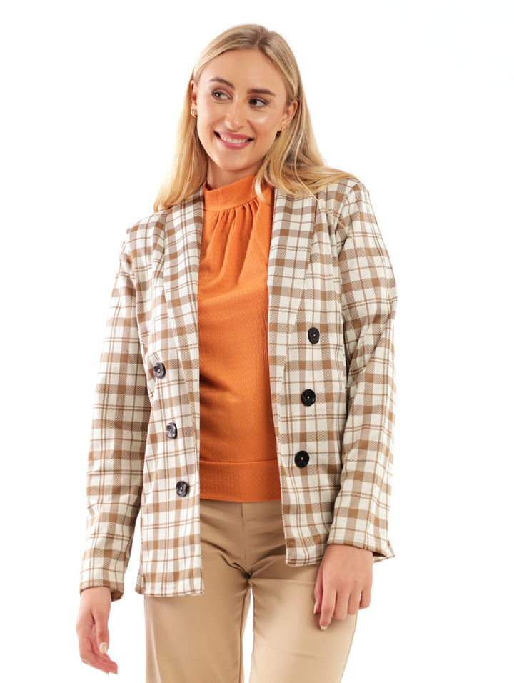 Ladies Unlined Knit Check Blazer - Tan