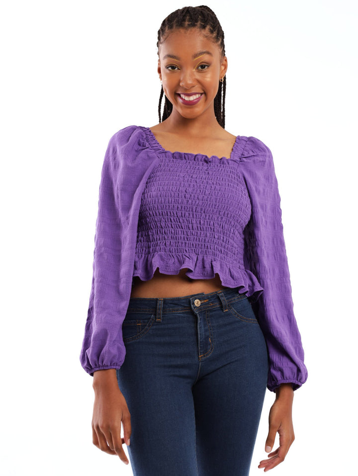 Ladies Long Sleeve Smock Top - Purple