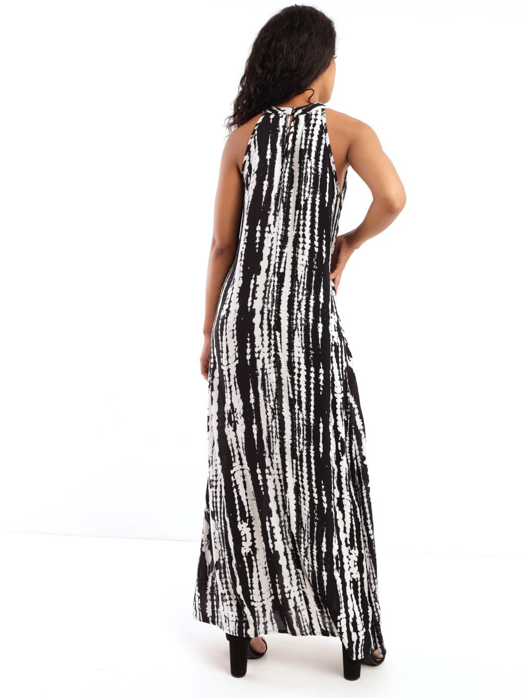 Ladies Sleeveless Halter Neck Maxi Dress - Black/White