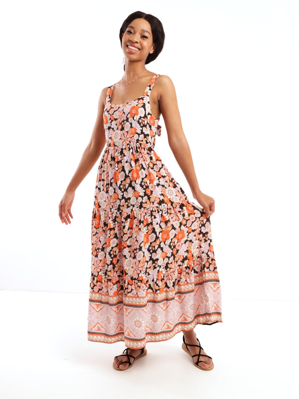 Ladies Sleeveless Tie Strap All Over Print Maxi Dress