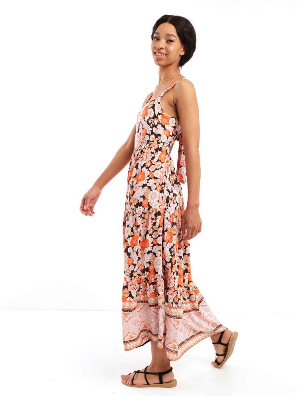 Ladies Sleeveless Tie Strap All Over Print Maxi Dress