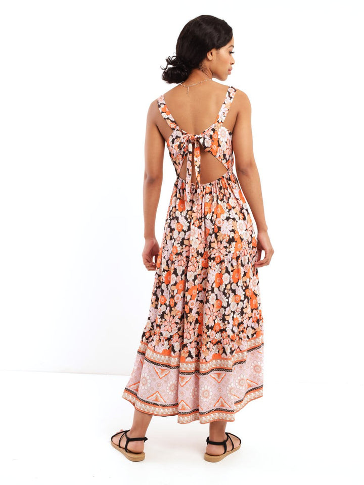 Ladies Sleeveless Tie Strap All Over Print Maxi Dress