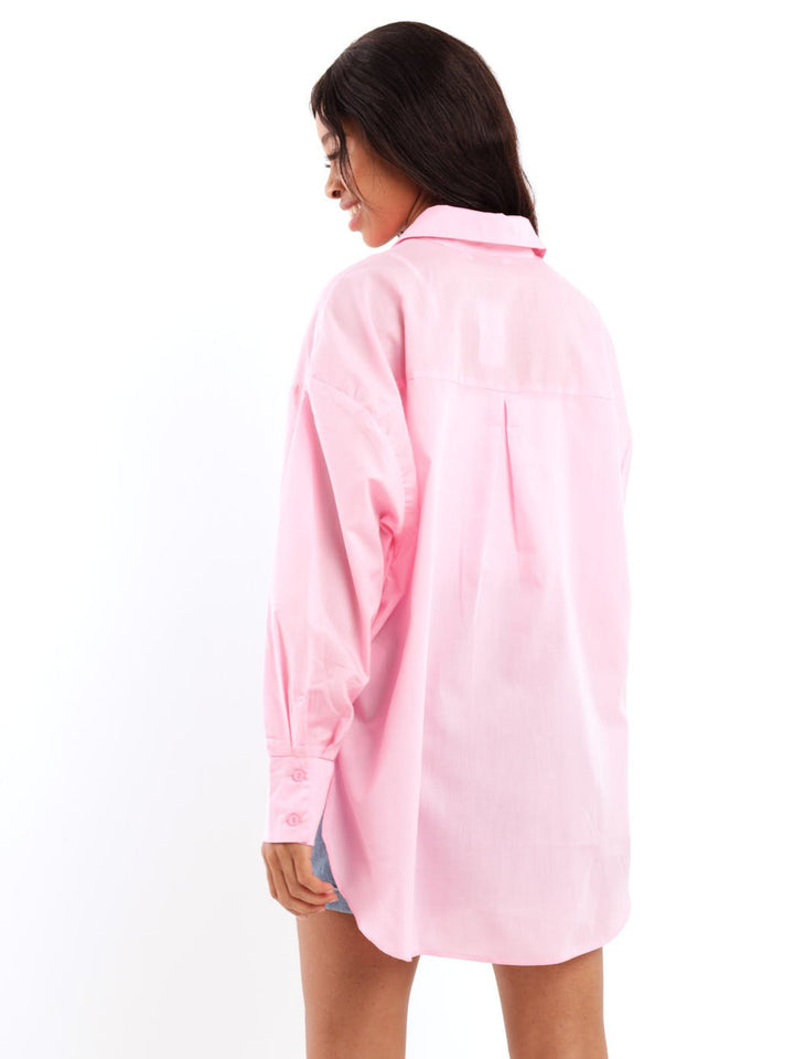 Ladies Long Sleeve Oversized Poplin Shirt - Pink