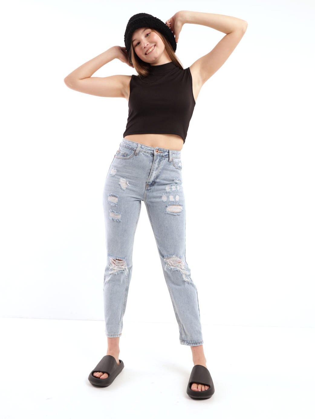 Ladies High Neck Crop Tank Top - Black