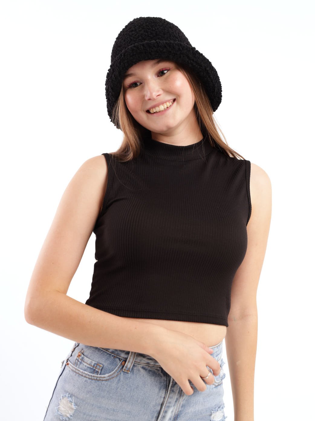 Ladies High Neck Crop Tank Top - Black