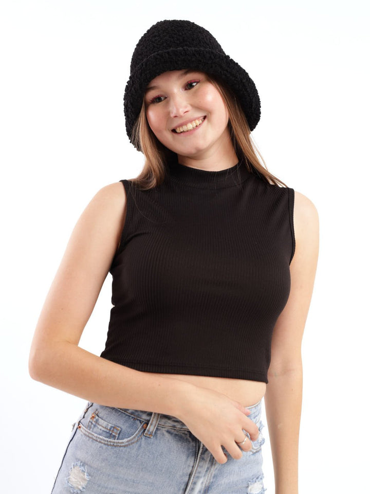Ladies High Neck Crop Tank Top - Black