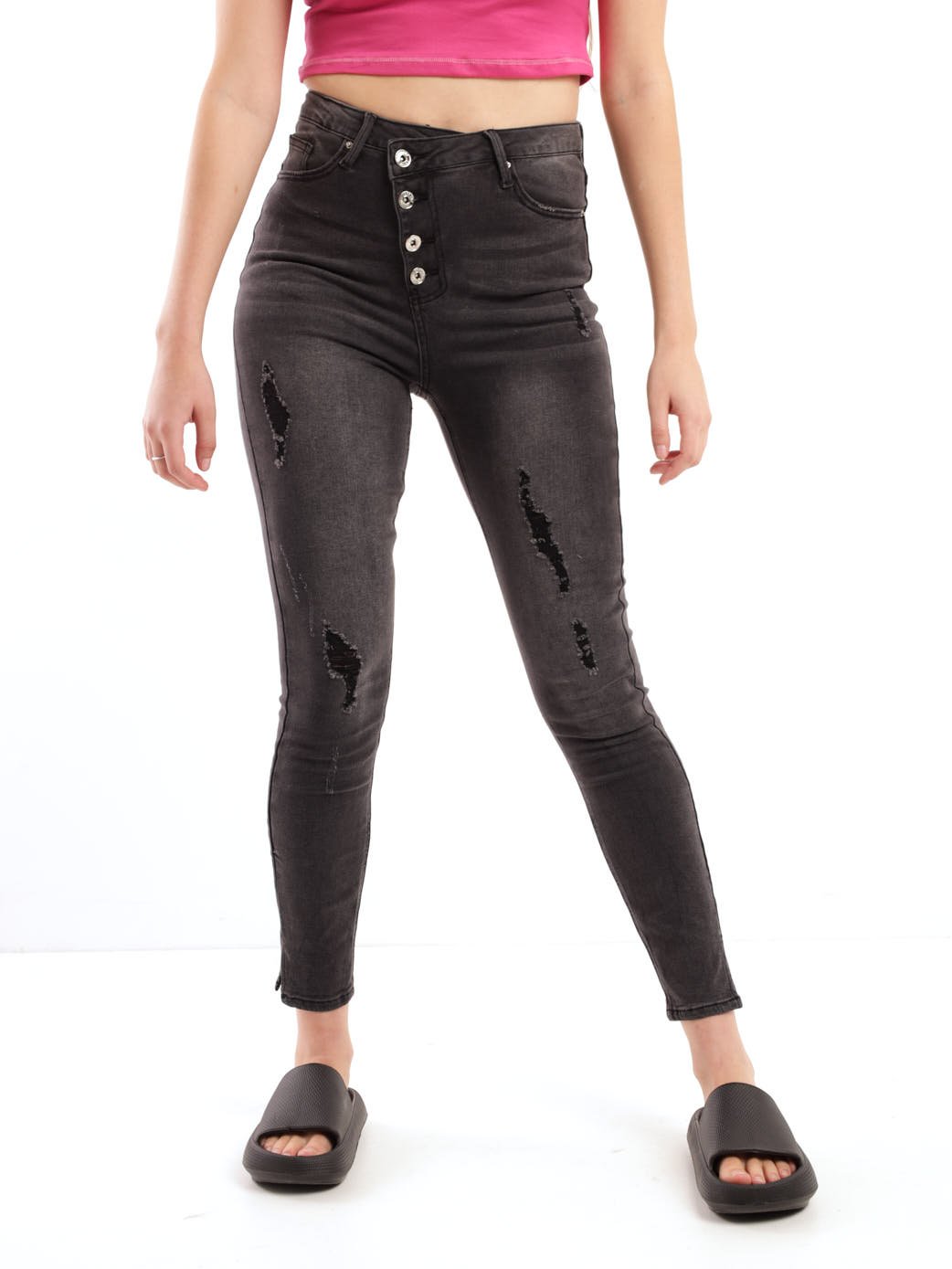 Ladies Black Cross-over Button Fly Abraised Skinny Denim Jean
