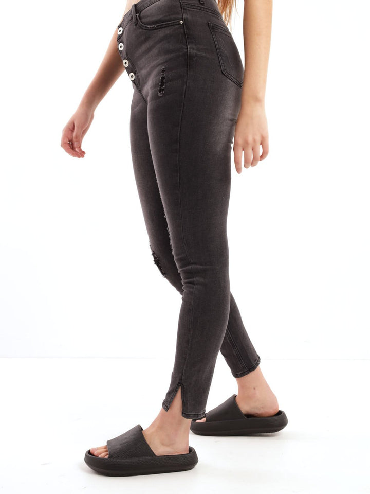 Ladies Black Cross-over Button Fly Abraised Skinny Denim Jean