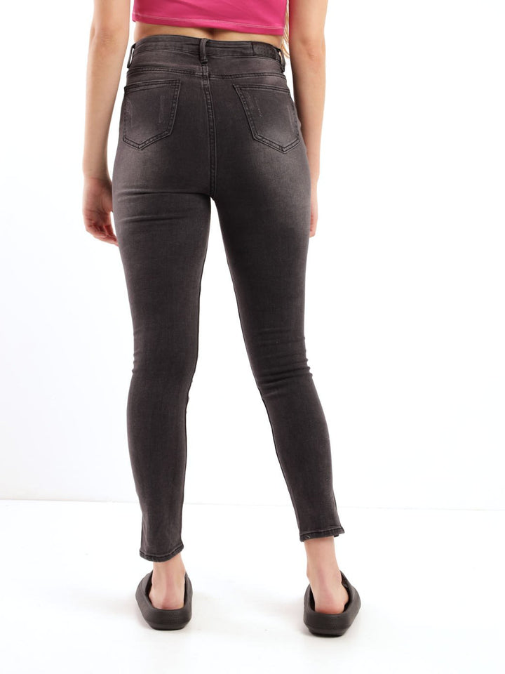 Ladies Black Cross-over Button Fly Abraised Skinny Denim Jean