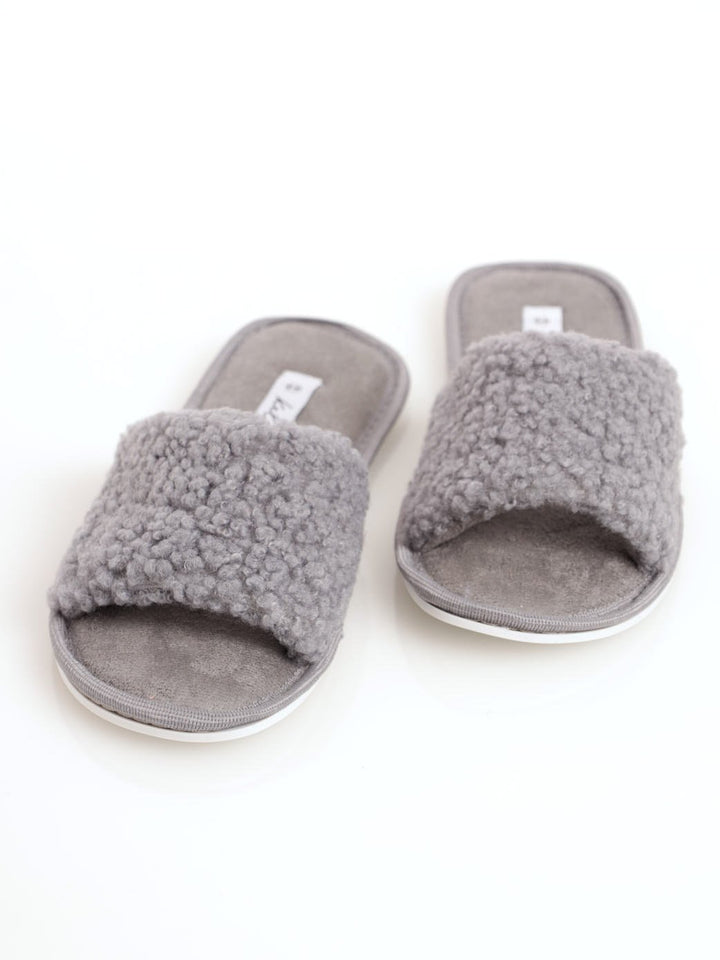 Ladies Single Band Sherpa Open Toe Slipper - Grey