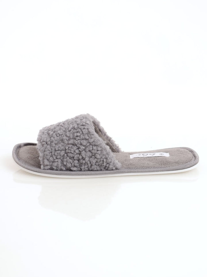Ladies Single Band Sherpa Open Toe Slipper - Grey