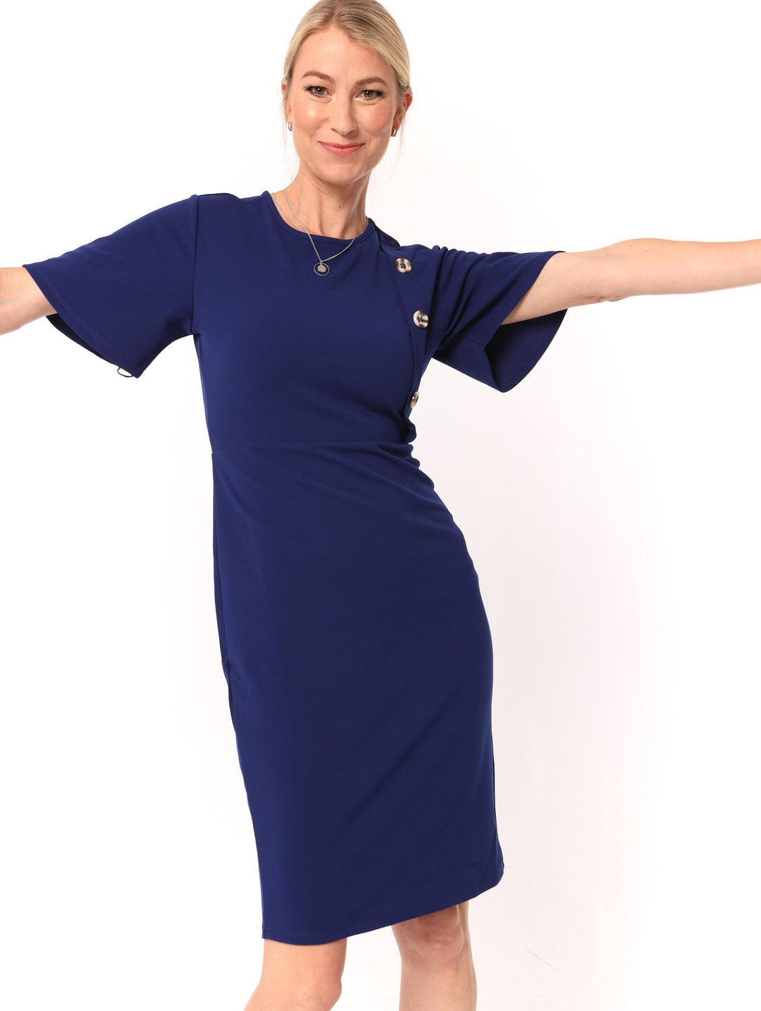 Ladies Ladies Button Detail Dress with Fabric Belt Navy – Edgars