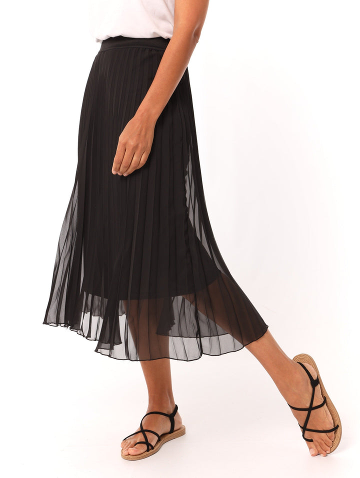 Ladies Pleated Chiffon Skirt With Exposed Elastic - Black