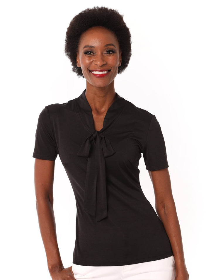 Ladies Knit Pussybow Blouse - Black