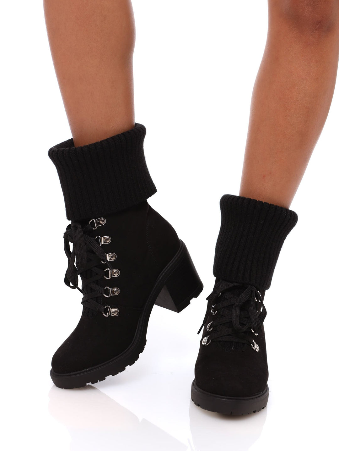 Ladies Ladies Sock Fold-Over Lace-Up Block Heel Black – Edgars