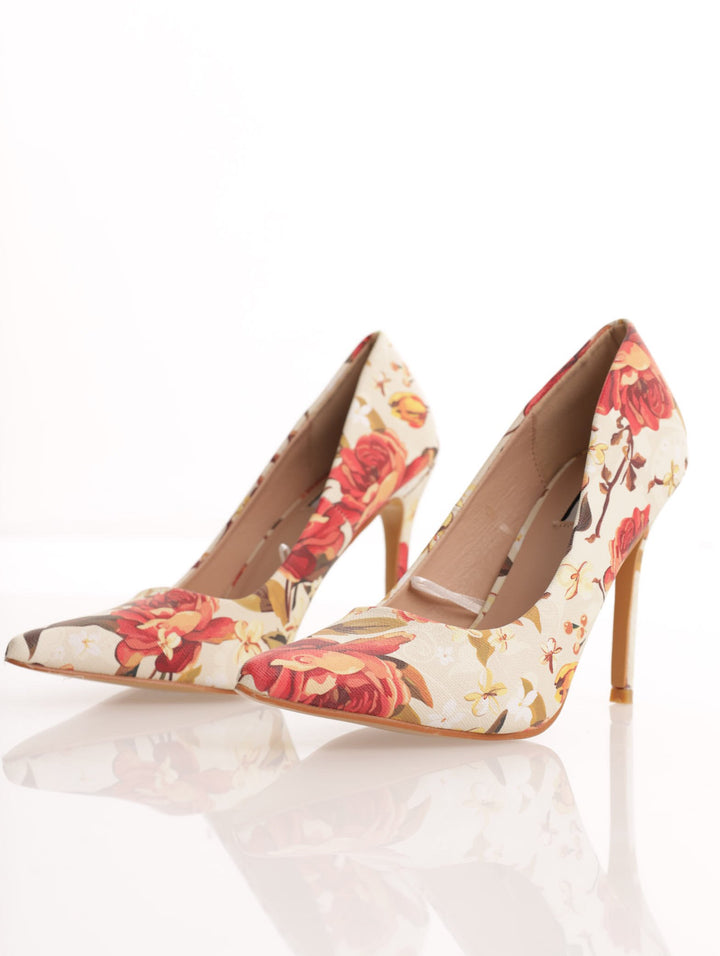 Ladies Floral Print Court Heel - White