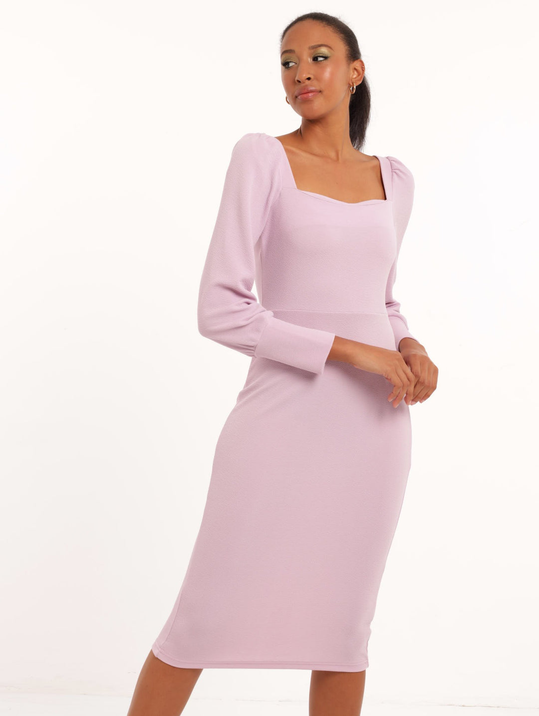 Ladies Puff Sleeve Bodycon Dress - Lilac