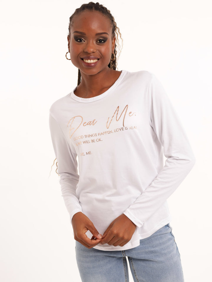 Ladies Long Sleeve Curved Hem Dear Me Slogan Tee - White