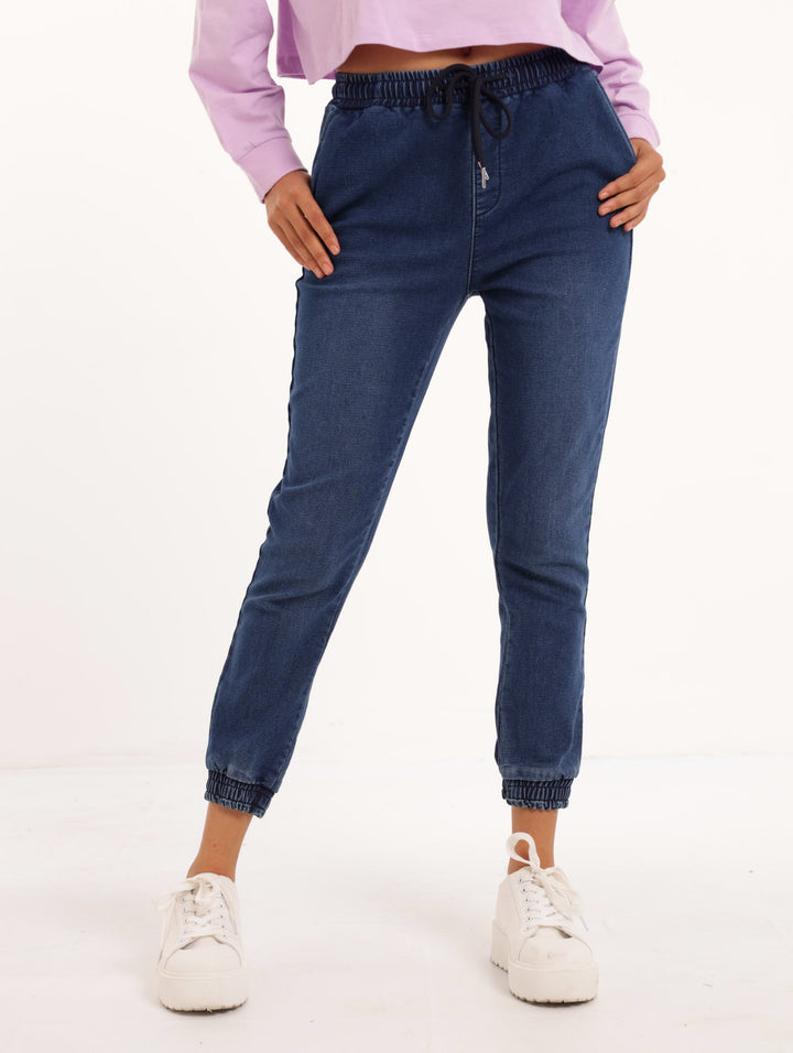 Ladies Mid Blue Jersey Denim Jogger