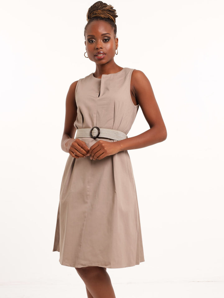 Ladies Belted Sateen Shift Dress - Tan