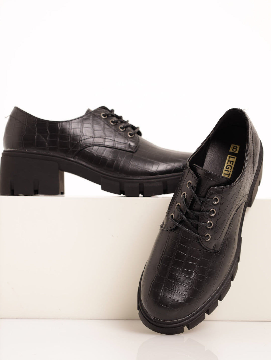 Ladies Super Chunky Croc Embossed Lace Up Shoe - Black