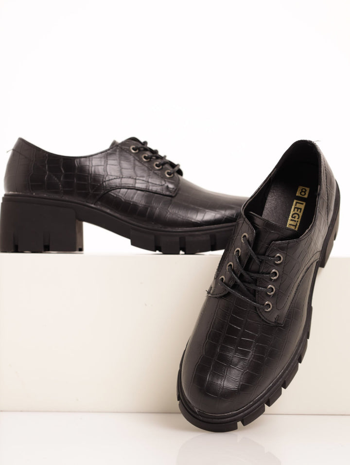 Ladies Super Chunky Croc Embossed Lace Up Shoe - Black