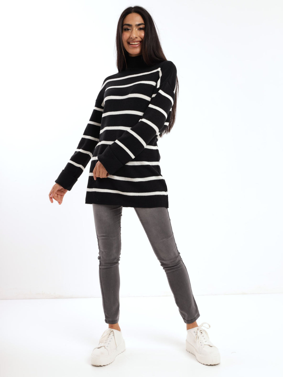 Ladies Striped Turtleneck Pullover  -Black/White