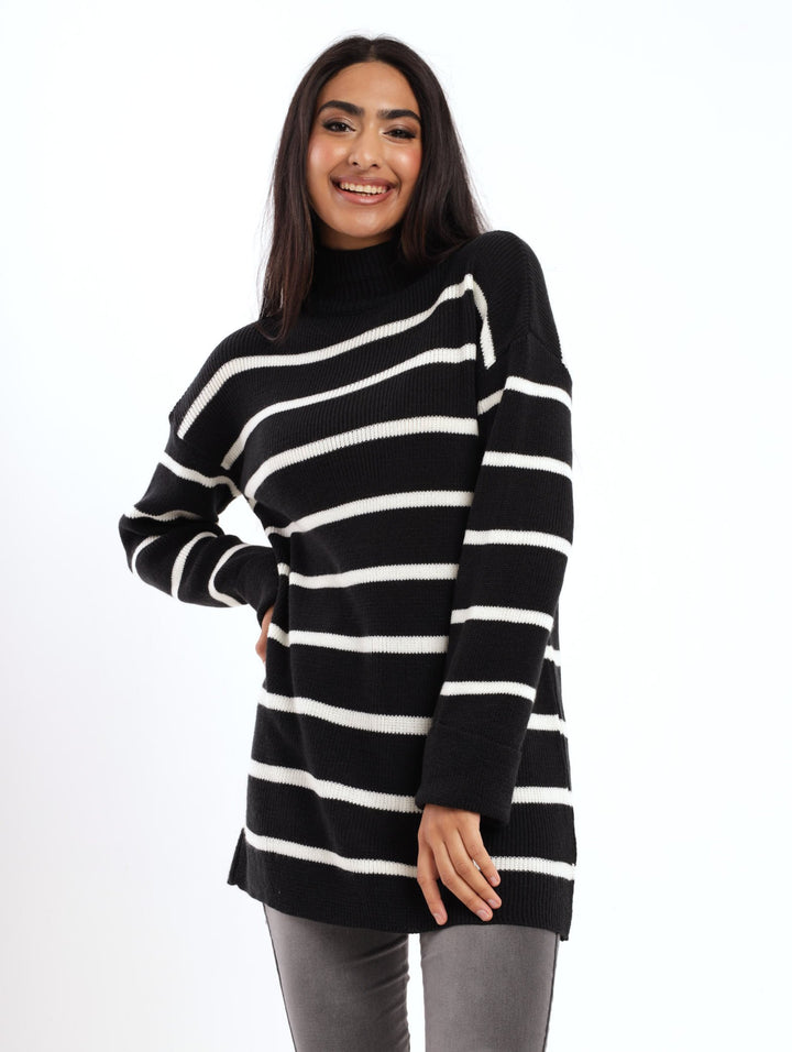 Ladies Striped Turtleneck Pullover  -Black/White