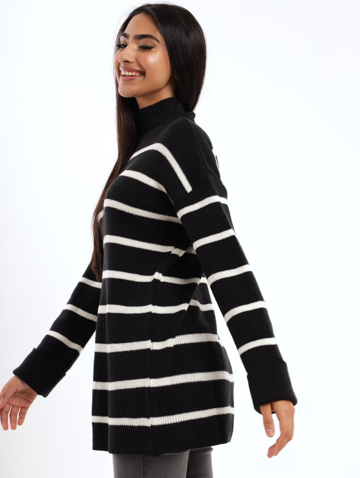 Ladies Striped Turtleneck Pullover  -Black/White