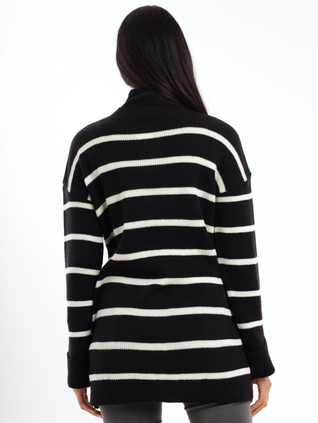 Ladies Striped Turtleneck Pullover  -Black/White