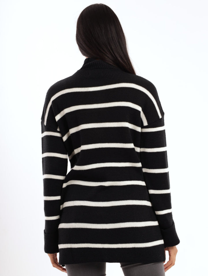 Ladies Striped Turtleneck Pullover  -Black/White
