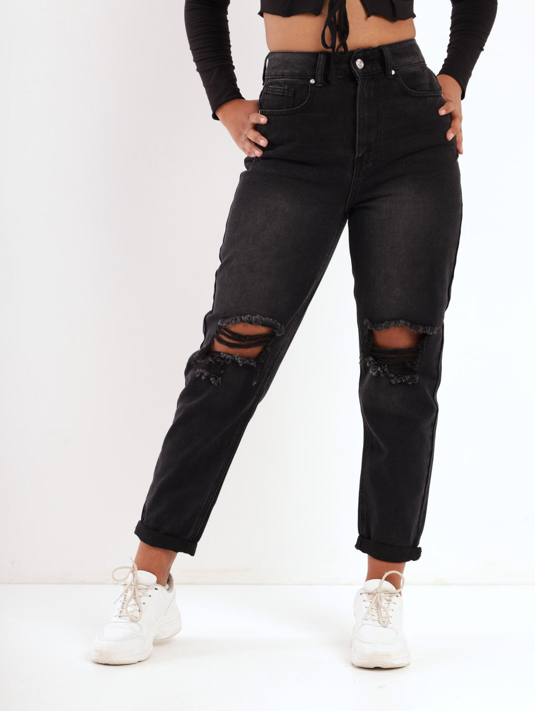 Ladies Black Abraised Denim Mom Jean