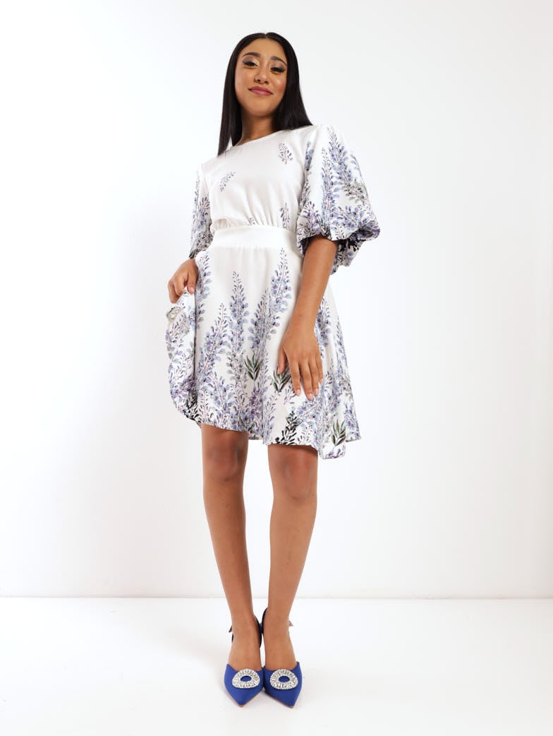 Ladies Puff Sleeve Mini Dress - Blue